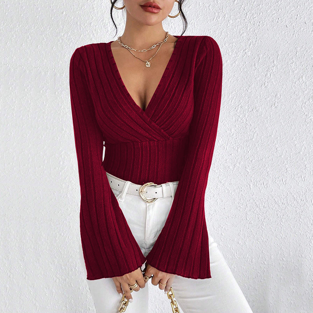 Damen Wickeloberteil Langärmlig Rippdetails Elegant Eveloria
