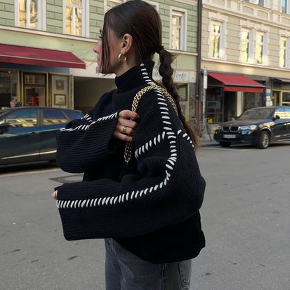 Damen Strickpullover Hochärmelig Kontraststich
