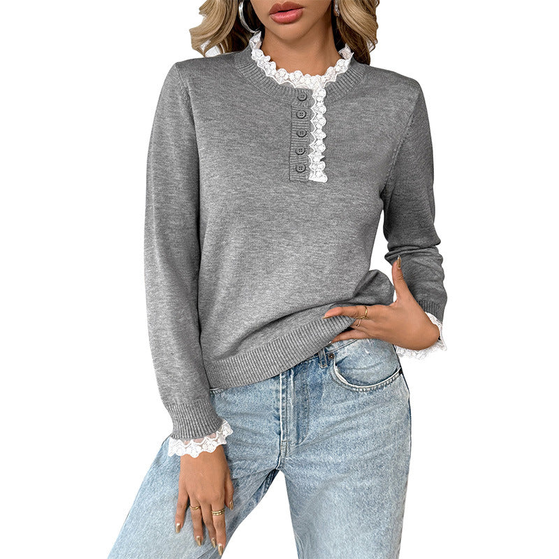 Damen Pullover Rüschendetail Knopfleiste Eveloria