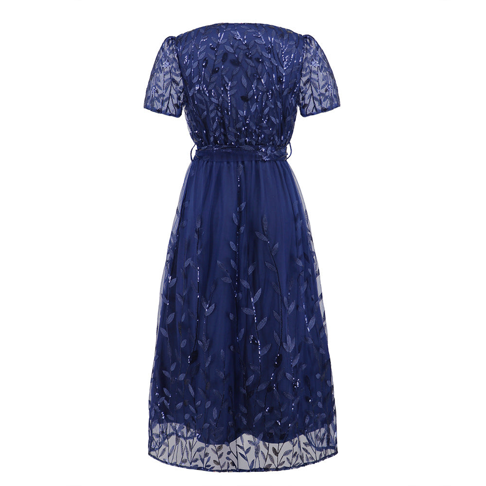Eveloria Damen Midi Kleid V-Ausschnitt Gürtel Kurzärmelig
