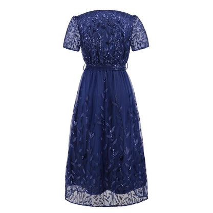 Eveloria Damen Midi Kleid V-Ausschnitt Gürtel Kurzärmelig