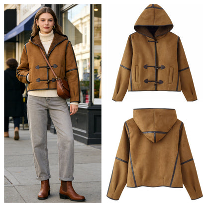 Damen Kunstlederjacke Kapuze Warmfutter Schwarz Eveloria - Eveloria