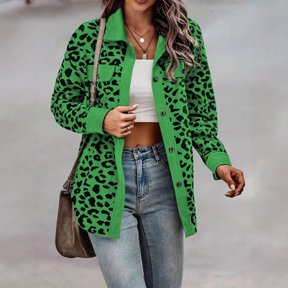 Damen Kordjacke Leo-Print Brusttaschen Eveloria
