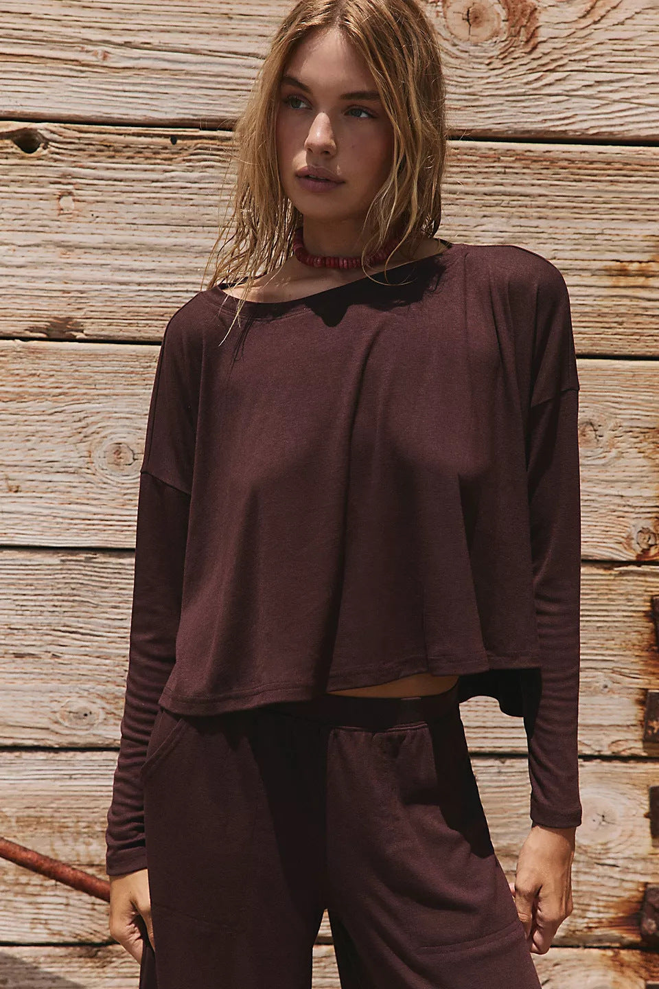 Damen Twinset Weites Oberteil und Hose Baumwolle Beige