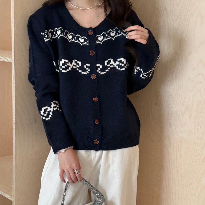 Damen Strickcardigan Holzknöpfe Traditionelle Muster Beige