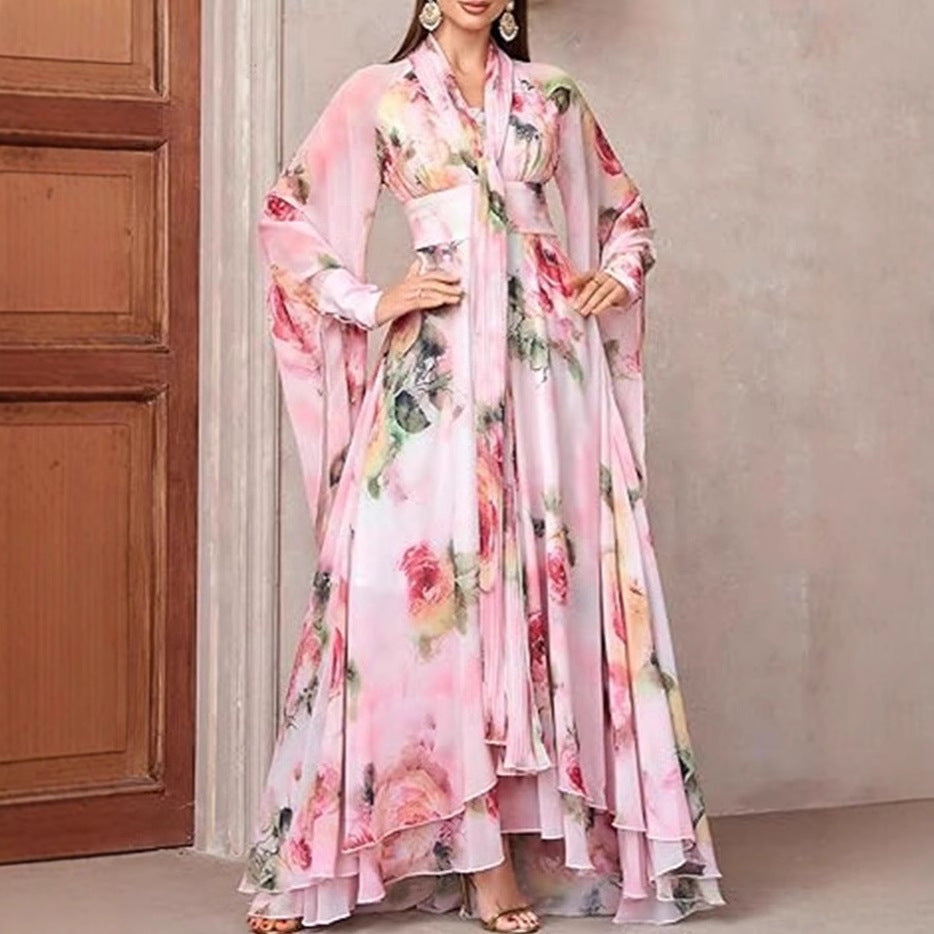 Damen Maxikleid Florales Design Volants Elegantes Langkleid - Eveloria