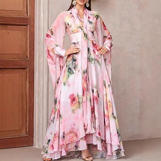 Damen Maxikleid Florales Design Volants Elegantes Langkleid - Eveloria