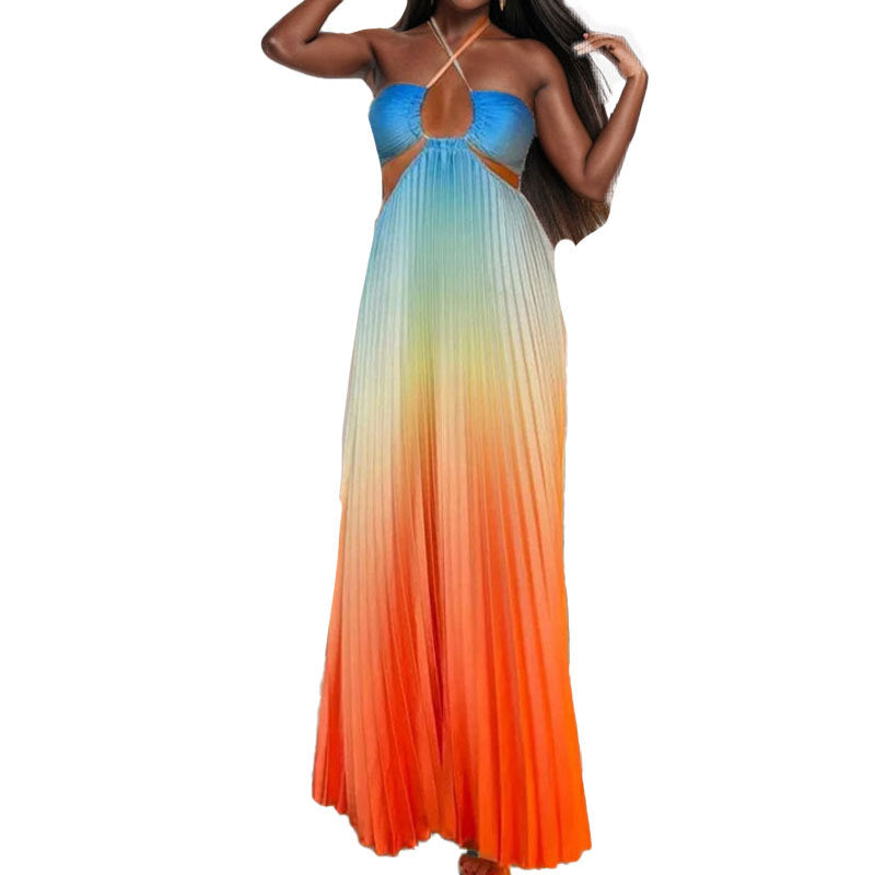 Damen Maxikleid Plissee mit tiefem Ausschnitt