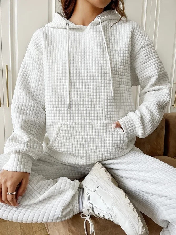 Damen Kapuzenpullover Waffelstruktur mit Kängurutasche Lässig Beige
