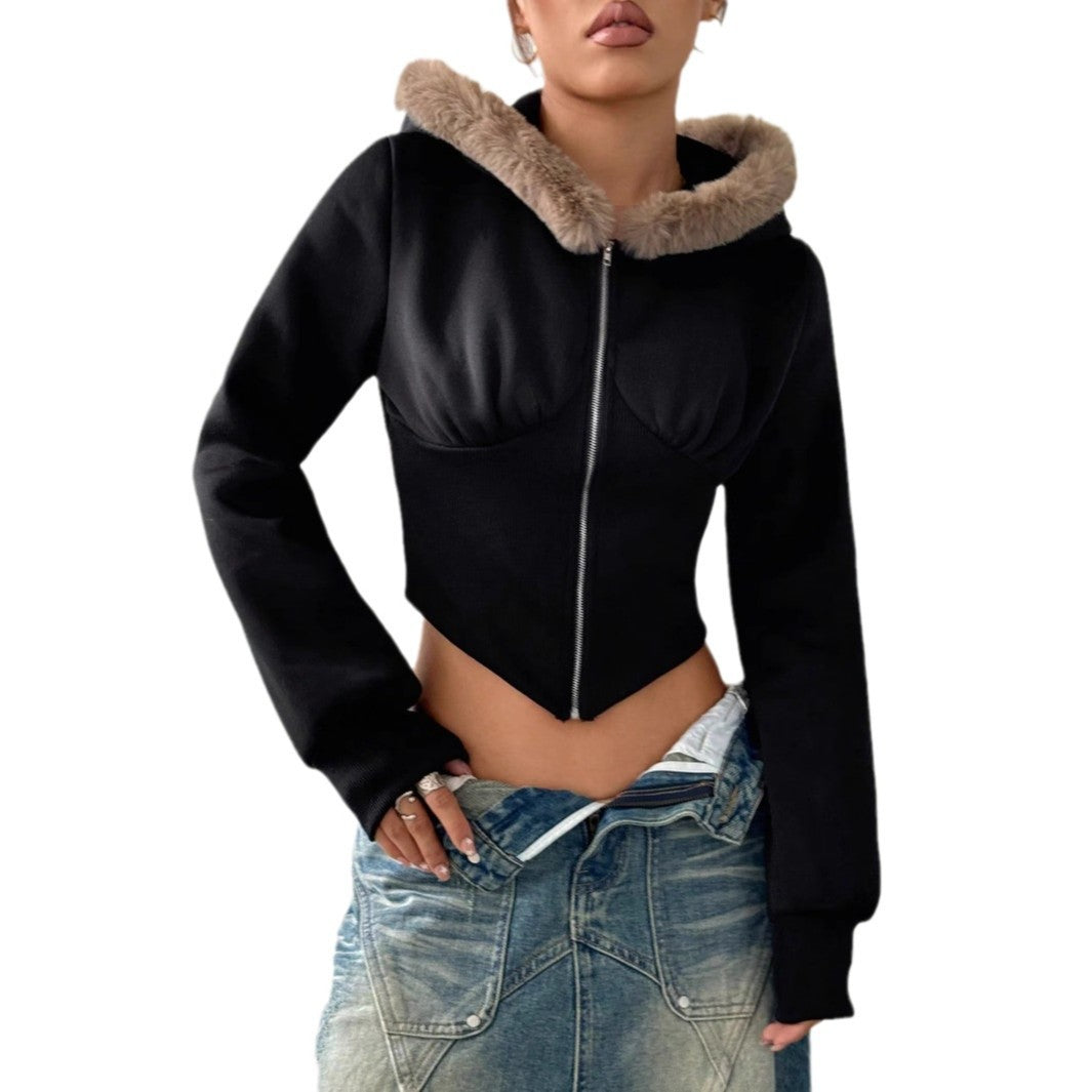 Damen Cropped Hoodie Fellbesatz Eveloria