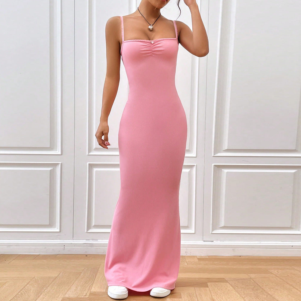 Damen Maxikleid mit Spaghettiträgern und Raffungen Eveloria