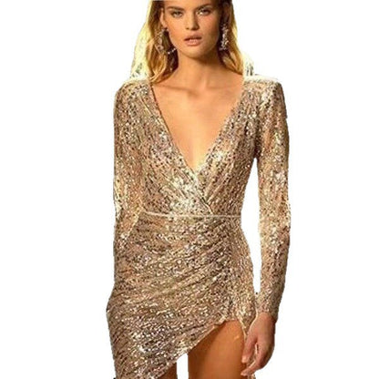 Damen Minikleid Glitzernd V-Ausschnitt Asymmetrisch Eveloria