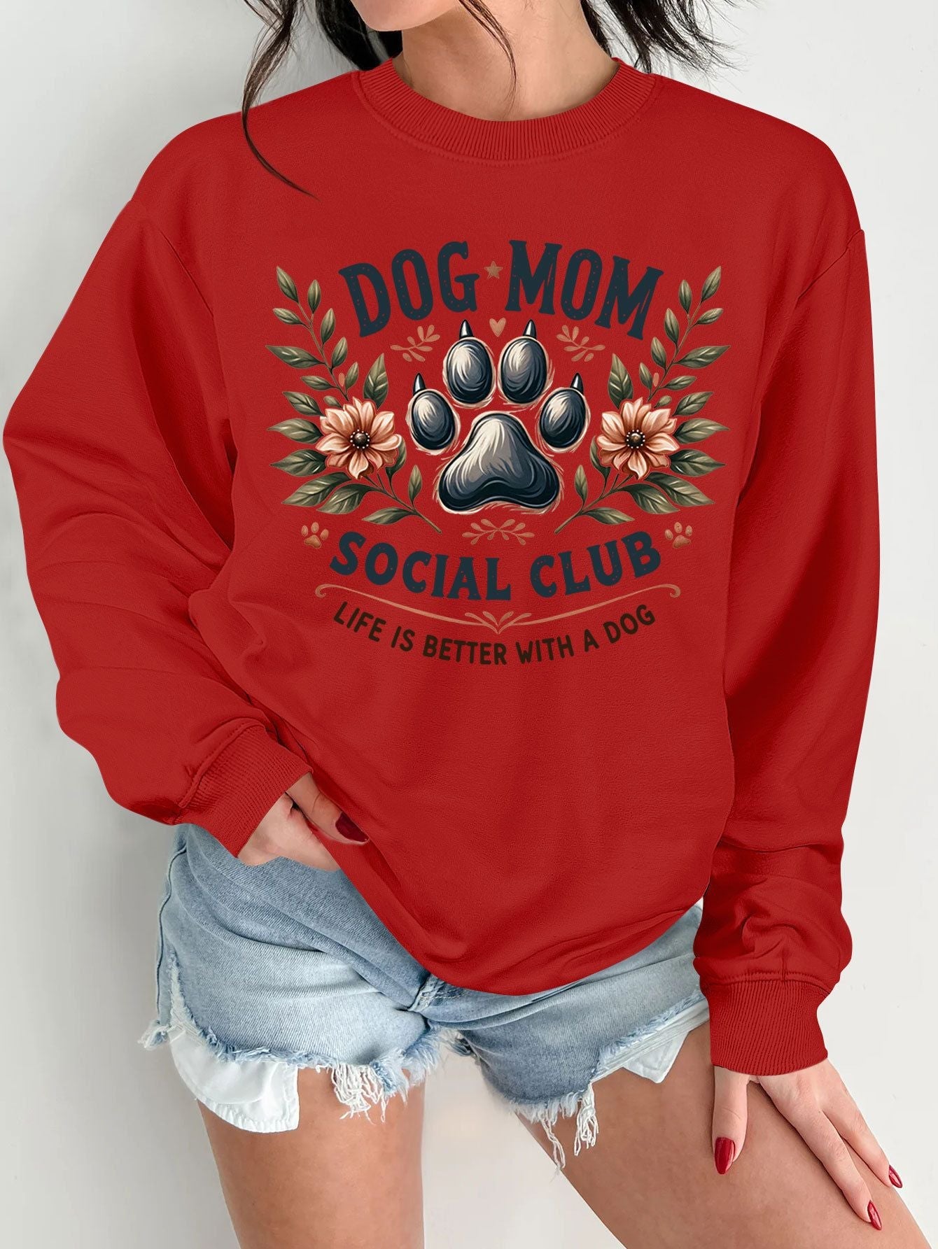 Damen Sweatshirt Hundemotiv Aufdruck Grau