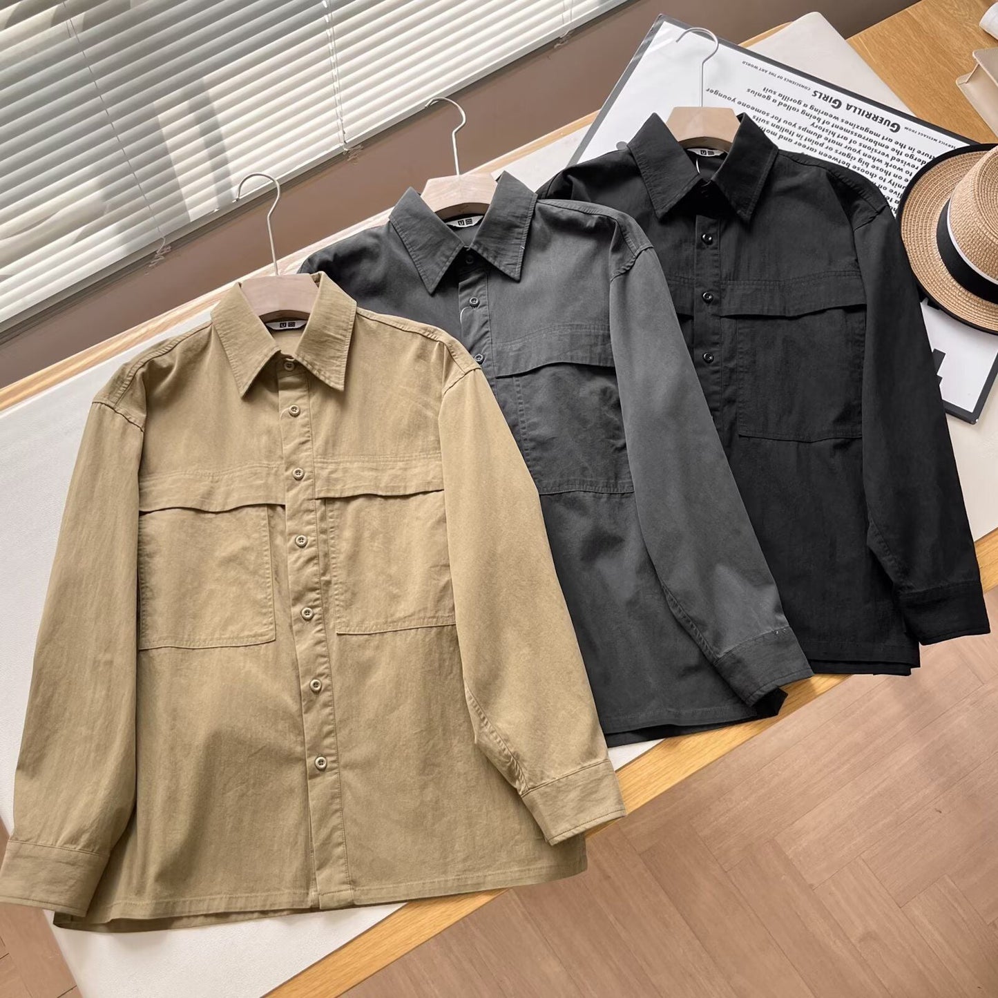 Damen Overshirt Lässig Baumwolle Brusttaschen Beige