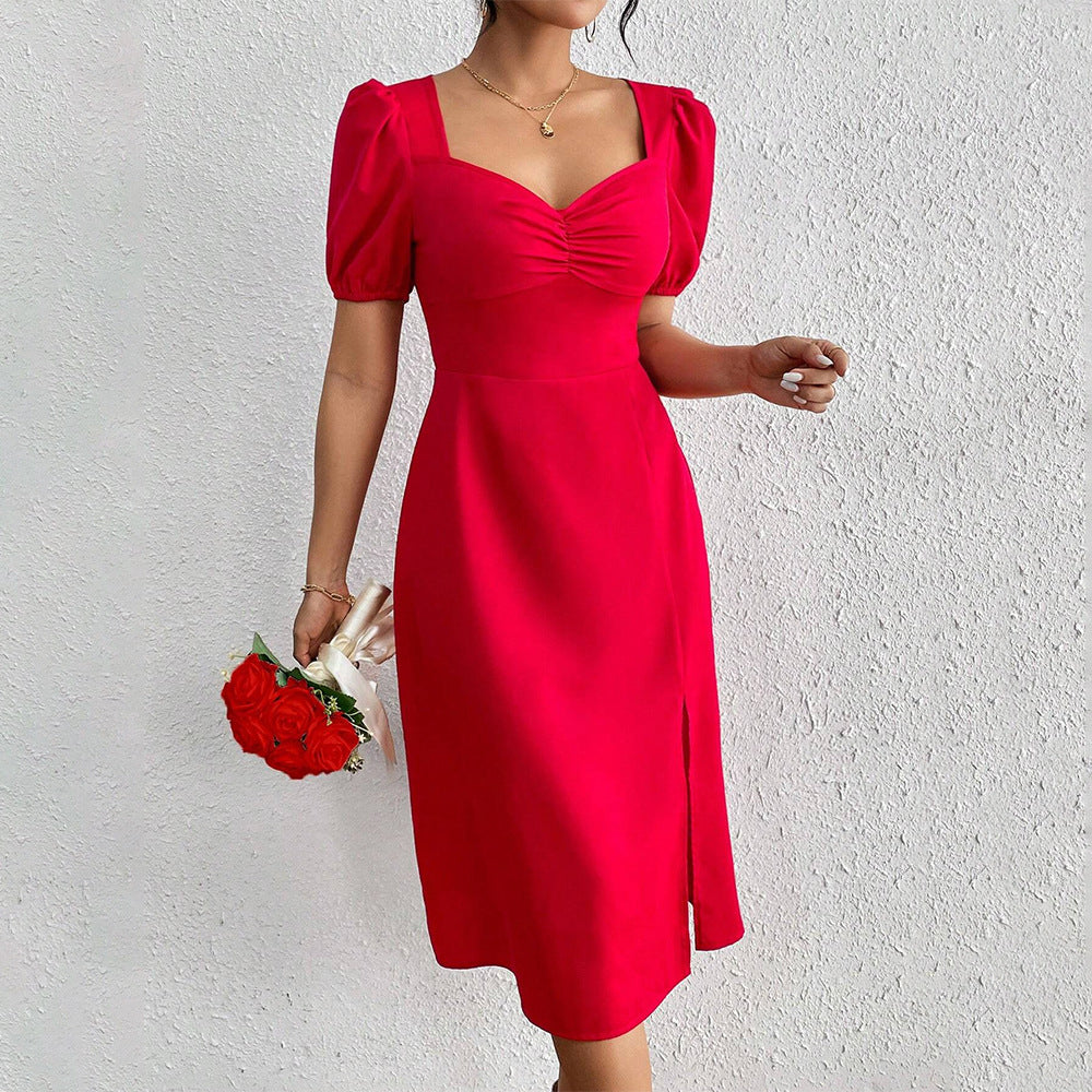 Damen Midi-Kleid Puffärmel Seitenriss Eveloria - Eveloria