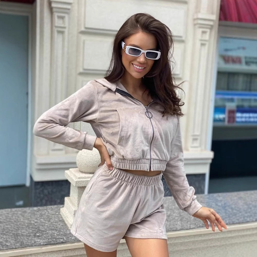 Damen Cropped Hoodie Set Kurze Hose Baumwolle Grau