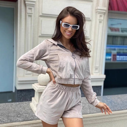 Damen Cropped Hoodie Set Kurze Hose Baumwolle Grau