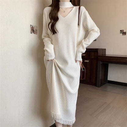 Damen Strickkleid V-Ausschnitt Fransen