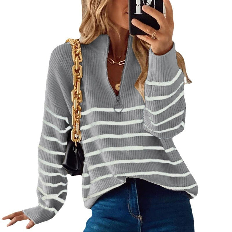 Damen Strickpullover Streifenmuster mit Reißverschluss