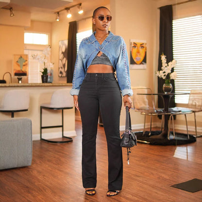 Damen Cropped Jeansjacke Rüschen Tailliert Blau Eveloria