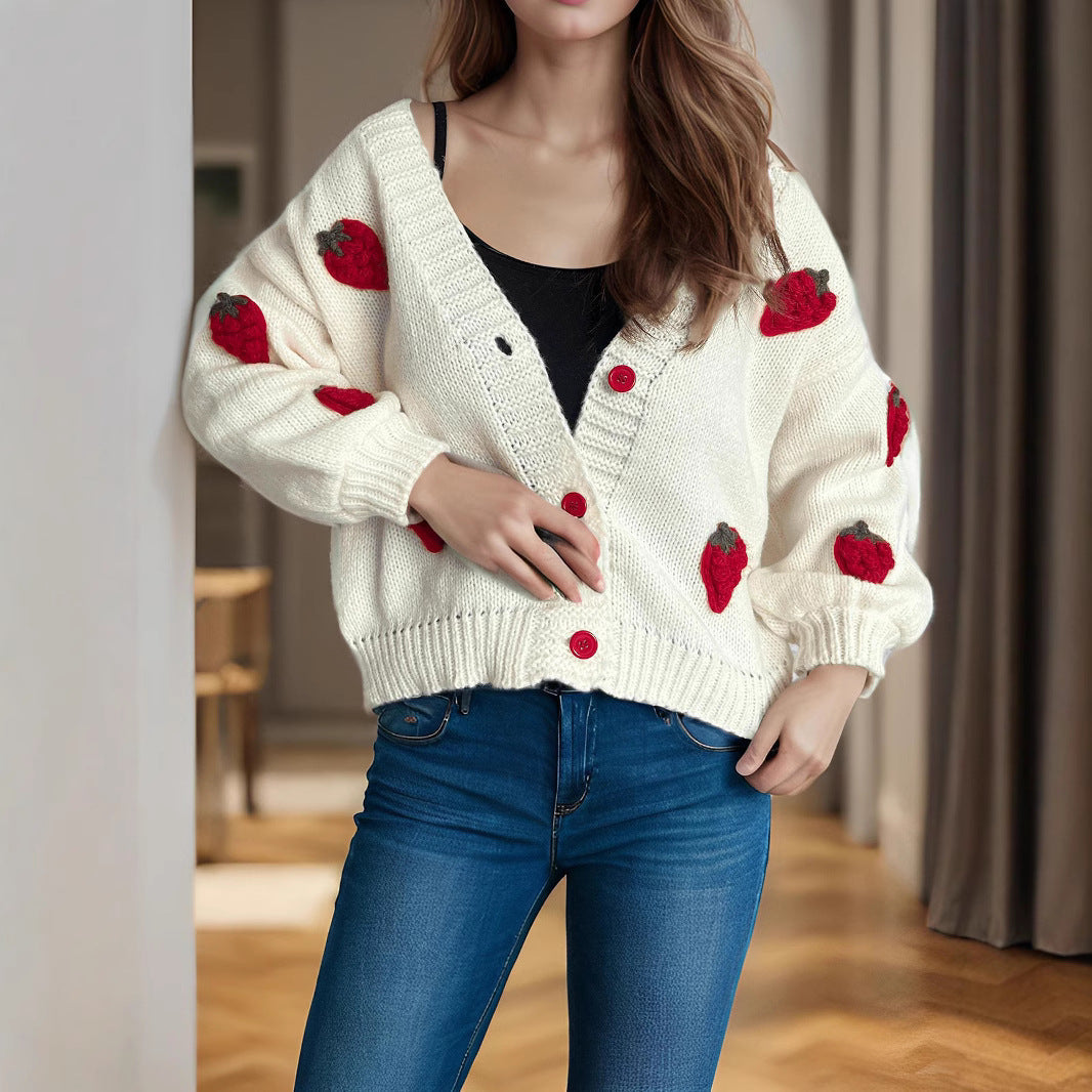Damen Strickjacke Erdbeermotiv Große Knöpfe