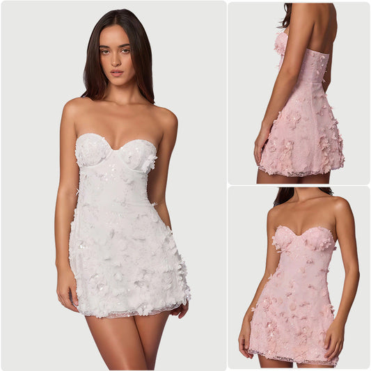 Damen Cocktailkleid Schulterfrei Florale 3D-Applikationen - Eveloria