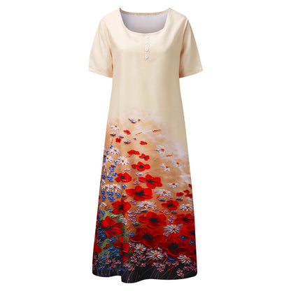 Damen Maxikleid Langärmlig Floralmuster Elegante Knöpfe Eveloria