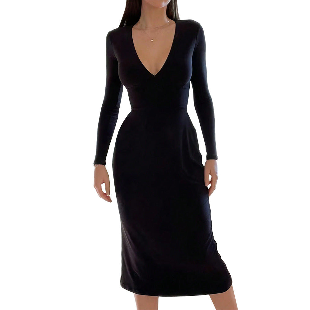 Eveloria Damen Midi-Kleid V-Ausschnitt Langer Arm Elegant