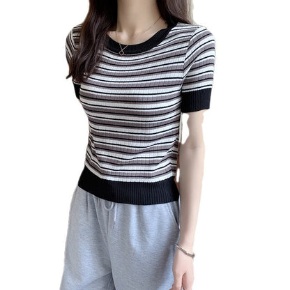 Damen Kurzarmshirt Streifenmuster Elastisch Weiß