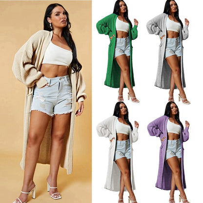 Damen Langstrickcardigan Offenes Design Praktische Taschen Beige - Eveloria