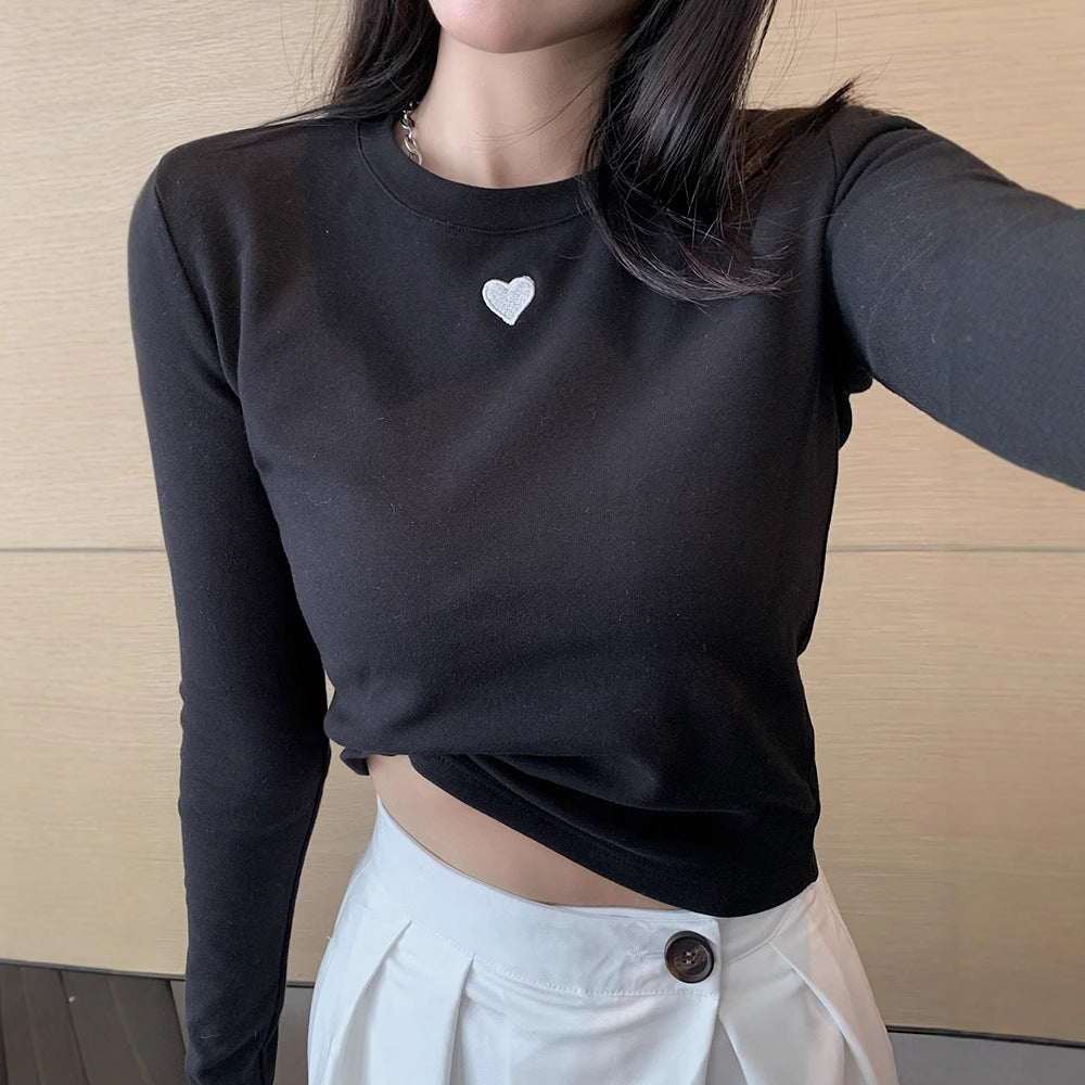 Damen Basic-T-Shirt Langarm mit Herz-Detail Weiss