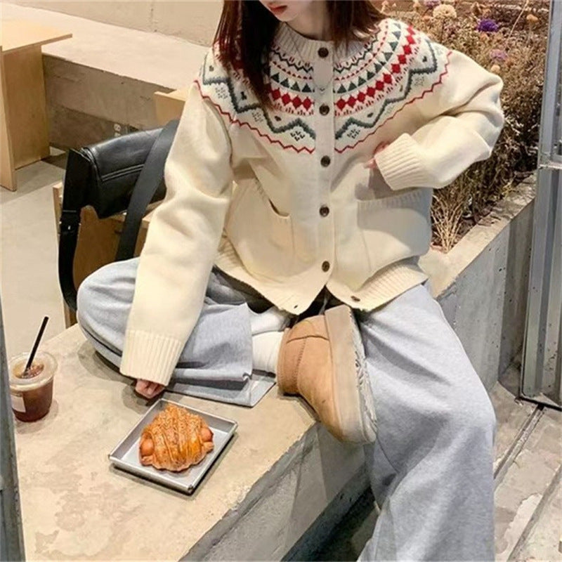Damen Grobstrickjacke Norwegermuster mit Taschen