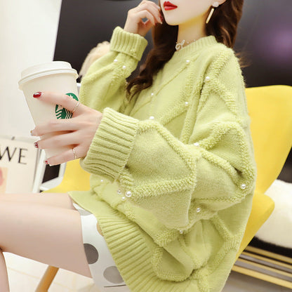 Damen Oversized Pullover Strukturmuster Perlenverzierungen Eveloria
