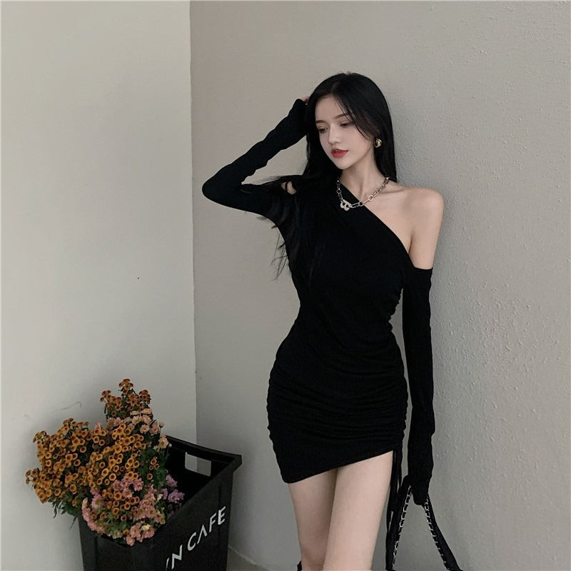 Damen Minikleid Asymmetrischer Ausschnitt Figurbetonter Raffungseffekt