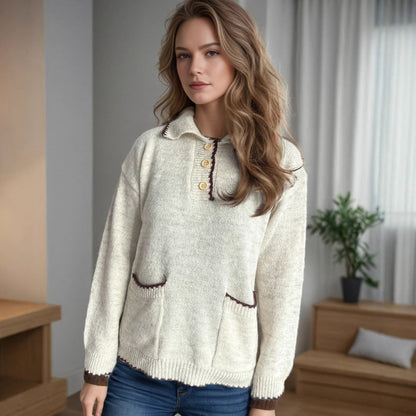 Damen Strickpullover Lässig Knöpfe Taschen Beige
