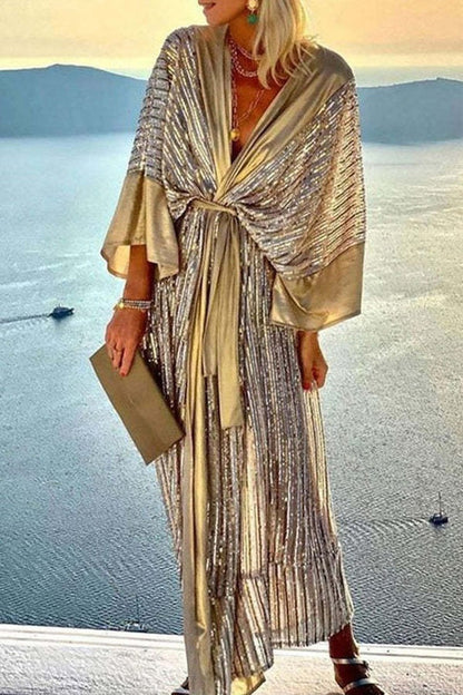 Damen Maxikleid Glitzernd Wickeldesign Fließende Ärmel Eveloria