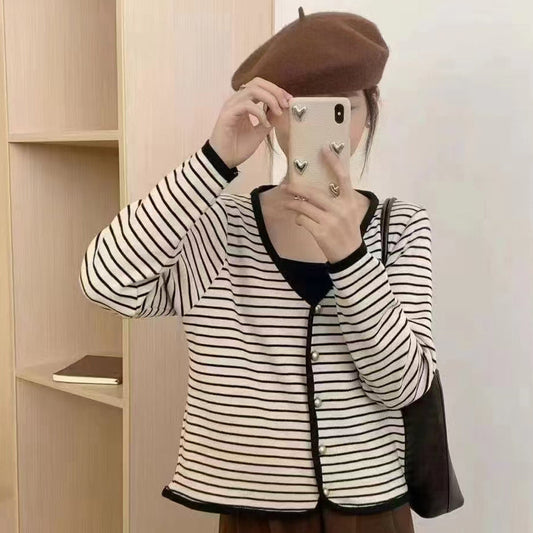 Damen Cardigan Gestreift V-Ausschnitt Elegante Knöpfe - Eveloria