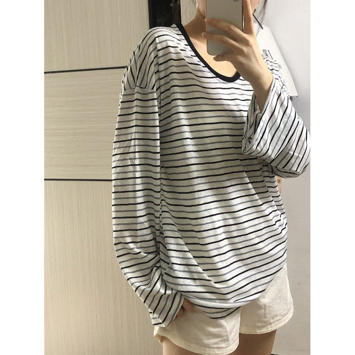Damen Oversized Langarmshirt Streifen Weite Ärmel weiß