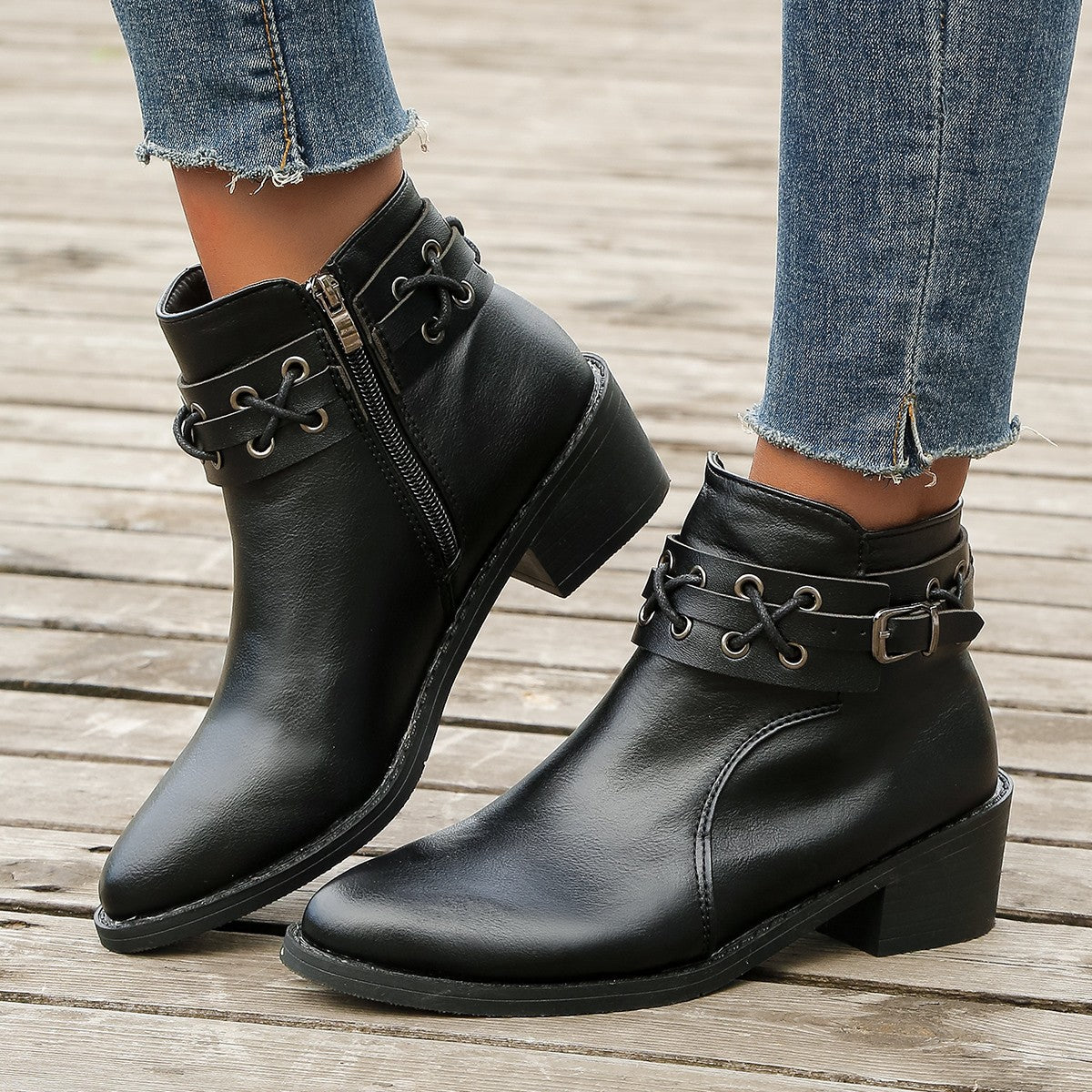 Damen Stiefeletten Spitzem Zeh Blockabsatz Schnürschnalle