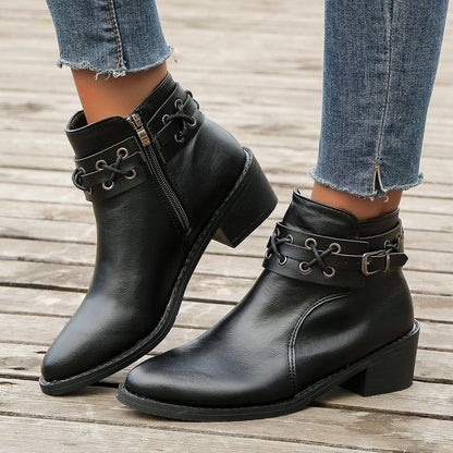 Damen Stiefeletten Spitzem Zeh Blockabsatz Schnürschnalle