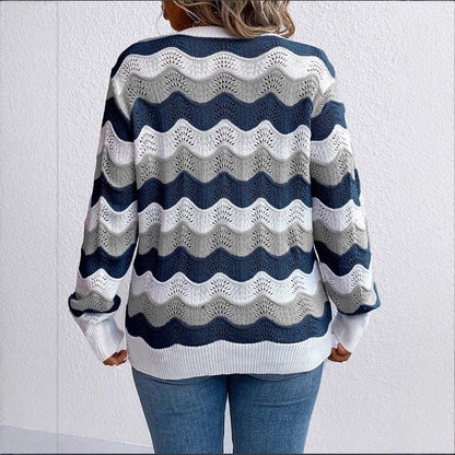 Damen Pullover V-Ausschnitt Wellenmuster Luftig Eveloria