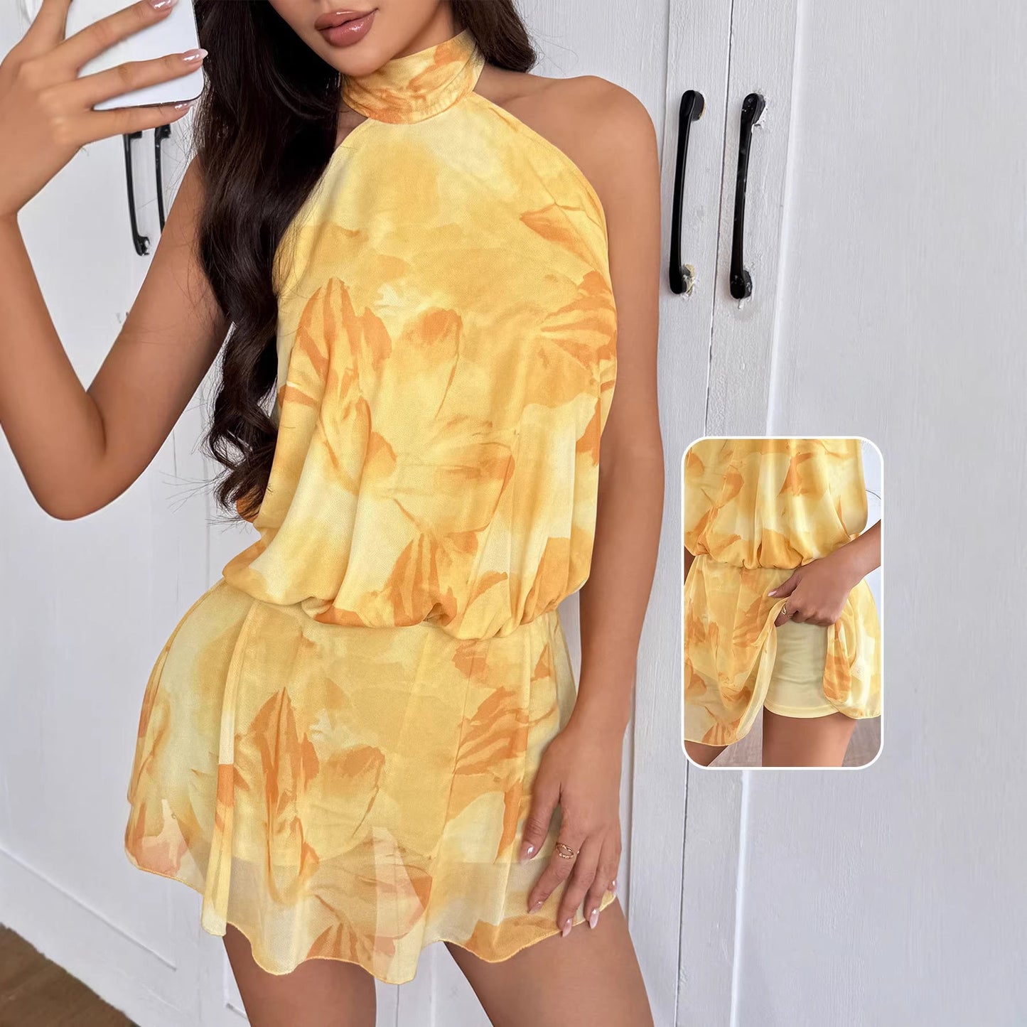 Damen Strandkleid Hochgeschlossen Rüschensaum Eveloria - Eveloria