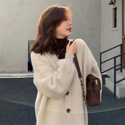 Damen Flauschcardigan Weit mit Knöpfen Beige