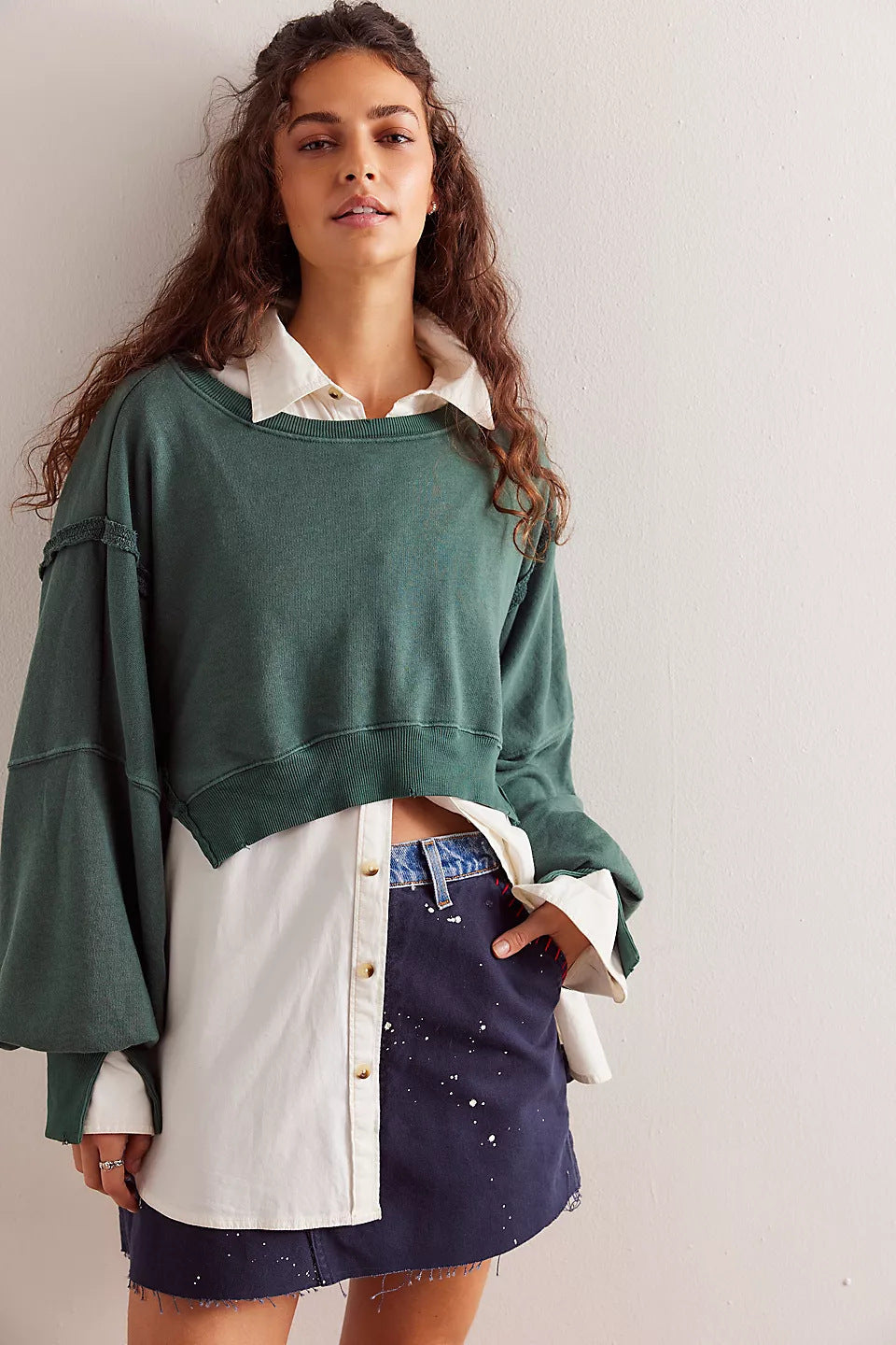 Damen Cropped Sweatpullover Weite Ärmel Grau Eveloria