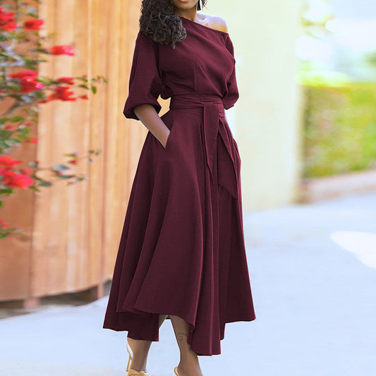 Damen Maxi-Kleid Asymmetrisch Mit Taschen Schwarz Eveloria - Eveloria