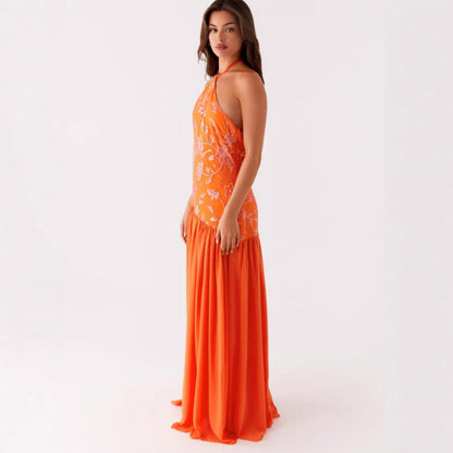 Damen Maxikleid Floraler Print Schwingender Rock Eveloria