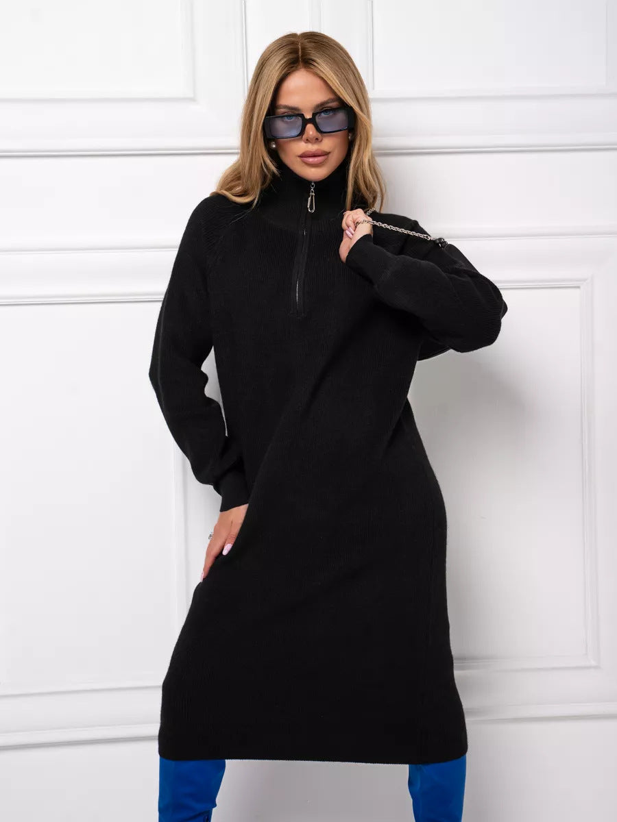 Damen Strickkleid Stehkragen Reißverschluss Eveloria