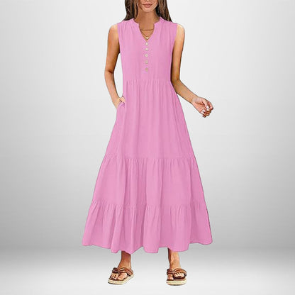 Damen Maxikleid Knopfdetail Seitentaschen Eveloria