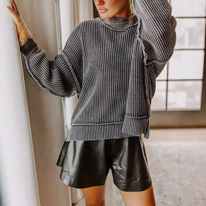 Damen Rollkragenpullover Oversized Feinestreifen