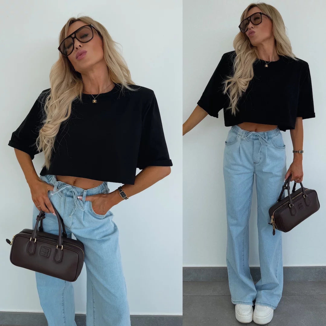 Damen Cropped T-Shirt Weite Ärmel Hochwertiges Material Eveloria
